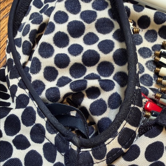 Tory Burch sz M 100% SILK Navy Dotted beaded collar w blue eyelet trim logo - Picture 12 of 12